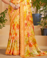 Vishal Prints Apricot Orange Designer Patterned Chiffon Digital Print Saree With Fancy Cut Work Border