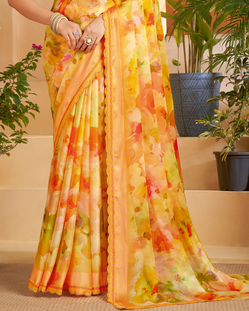 Vishal Prints Apricot Orange Designer Patterned Chiffon Digital Print Saree With Fancy Cut Work Border