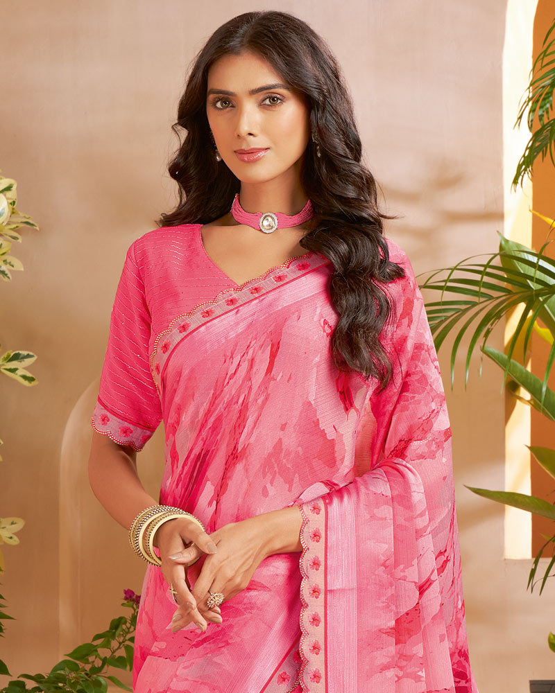 Vishal Prints Rosy And Raspberry Pink Designer Patterned Chiffon Digital Print Saree With Fancy Cut Work Border