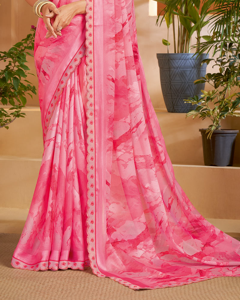 Vishal Prints Rosy And Raspberry Pink Designer Patterned Chiffon Digital Print Saree With Fancy Cut Work Border