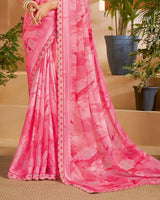 Vishal Prints Rosy And Raspberry Pink Designer Patterned Chiffon Digital Print Saree With Fancy Cut Work Border