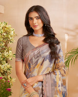 Vishal Prints Pale Taupe Designer Patterned Chiffon Digital Print Saree With Fancy Cut Work Border