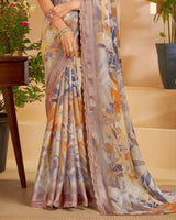 Vishal Prints Pale Taupe Designer Patterned Chiffon Digital Print Saree With Fancy Cut Work Border