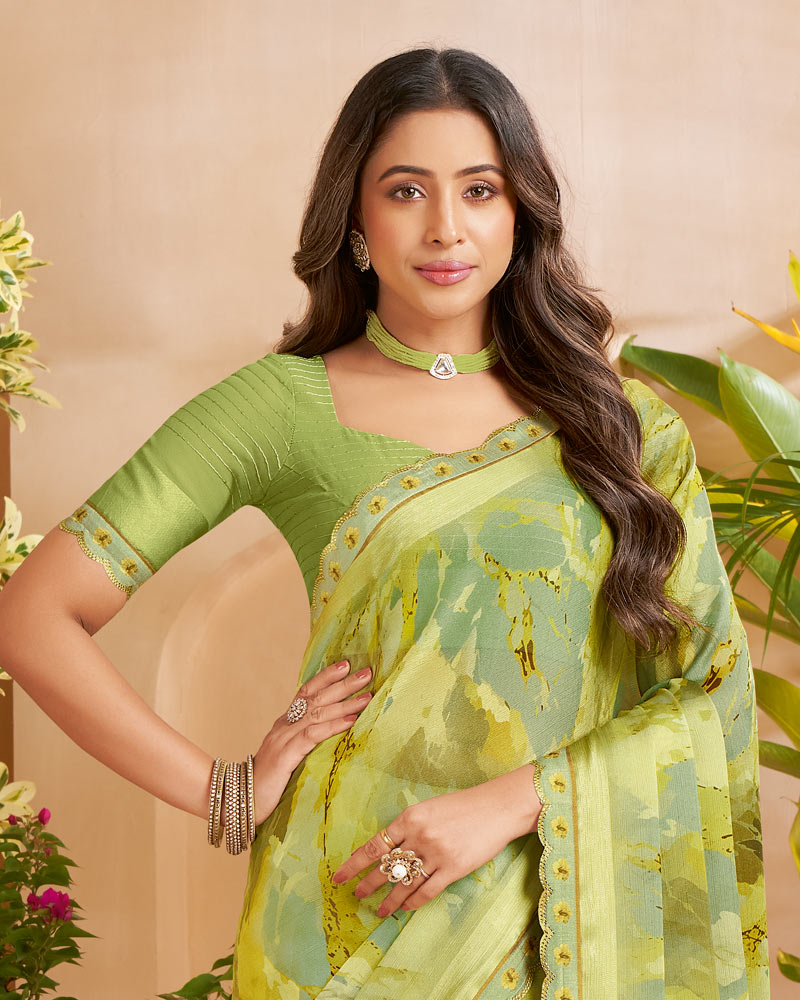 Vishal Prints Light Olive Green Designer Patterned Chiffon Digital Print Saree With Fancy Cut Work Border