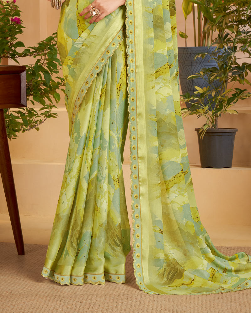 Vishal Prints Light Olive Green Designer Patterned Chiffon Digital Print Saree With Fancy Cut Work Border