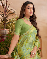 Vishal Prints Light Olive Green Designer Patterned Chiffon Digital Print Saree With Fancy Cut Work Border