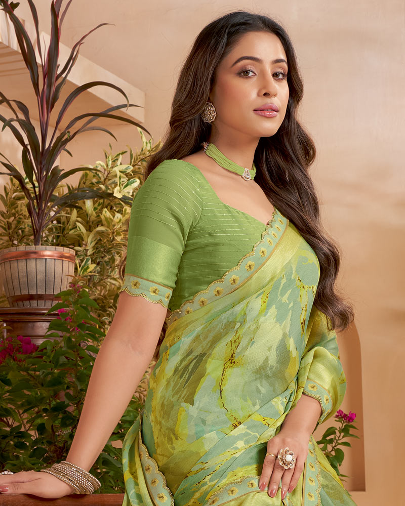 Vishal Prints Light Olive Green Designer Patterned Chiffon Digital Print Saree With Fancy Cut Work Border