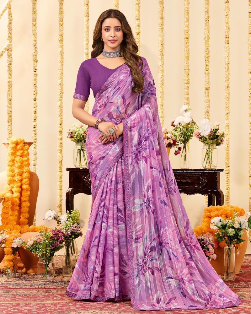 Vishal Prints Light Mauve Designer Patterned Chiffon Digital Print Saree With Fancy Border