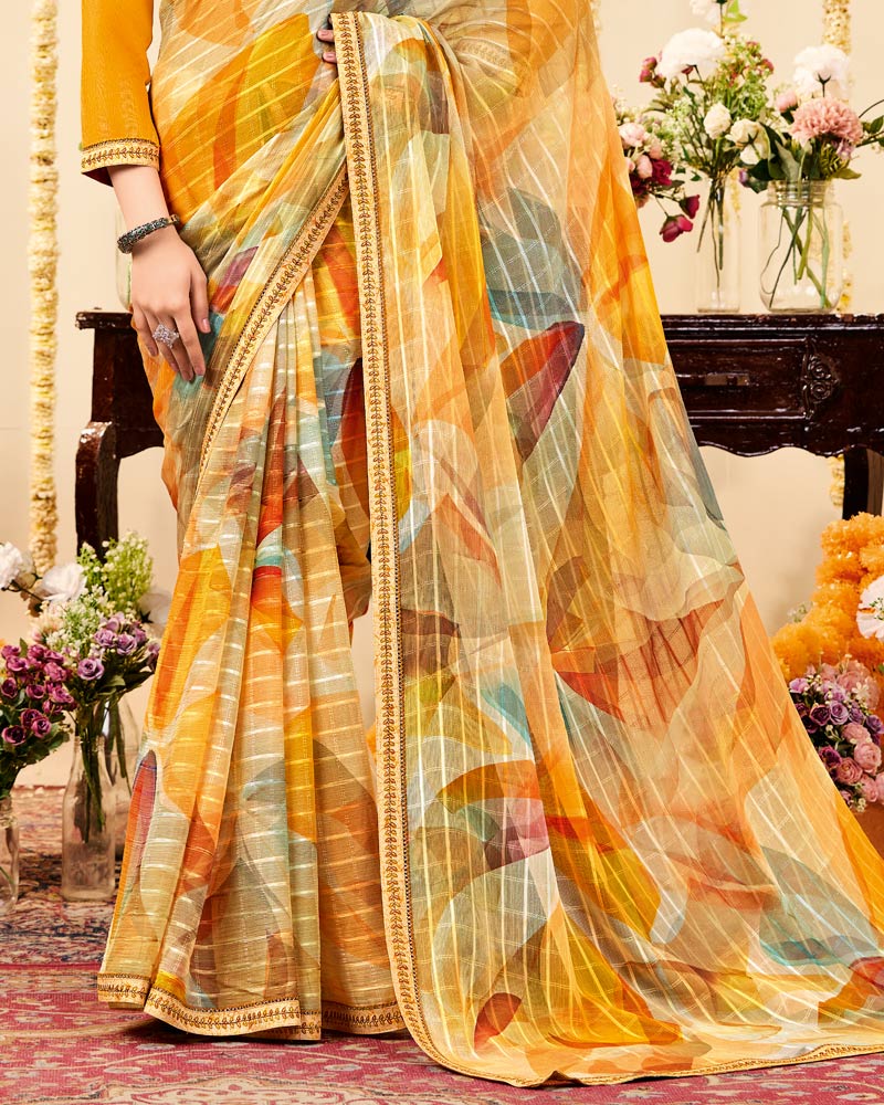 Vishal Prints Yellowish Orange Designer Patterned Chiffon Digital Print Saree With Fancy Border