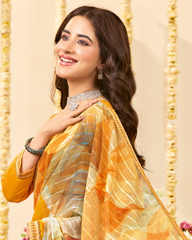 Vishal Prints Yellowish Orange Designer Patterned Chiffon Digital Print Saree With Fancy Border