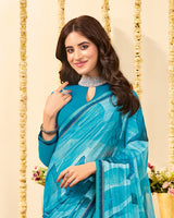 Vishal Prints Fountain Blue Designer Patterned Chiffon Digital Print Saree With Fancy Border