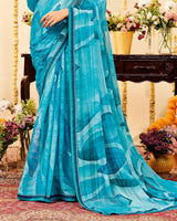 Vishal Prints Fountain Blue Designer Patterned Chiffon Digital Print Saree With Fancy Border