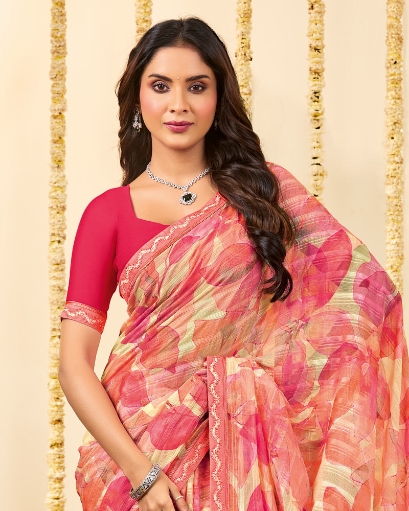 Vishal Prints Watermelon Pink Designer Patterned Chiffon Digital Print Saree With Fancy Border