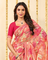 Vishal Prints Watermelon Pink Designer Patterned Chiffon Digital Print Saree With Fancy Border