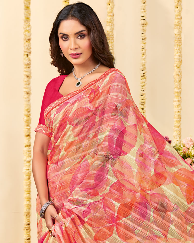 Vishal Prints Watermelon Pink Designer Patterned Chiffon Digital Print Saree With Fancy Border