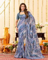 Vishal Prints Pastel Greyish Blue Designer Patterned Chiffon Digital Print Saree With Fancy Border
