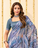 Vishal Prints Pastel Greyish Blue Designer Patterned Chiffon Digital Print Saree With Fancy Border