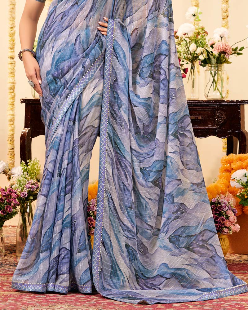 Vishal Prints Pastel Greyish Blue Designer Patterned Chiffon Digital Print Saree With Fancy Border