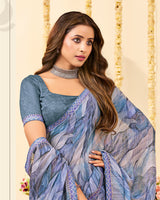 Vishal Prints Pastel Greyish Blue Designer Patterned Chiffon Digital Print Saree With Fancy Border