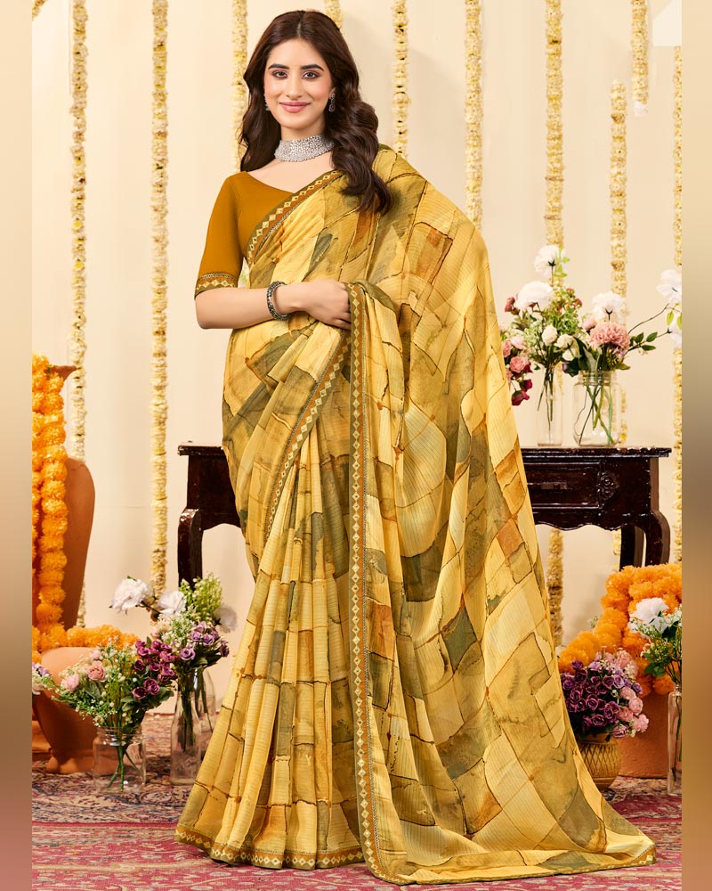 Vishal Prints Light Mustard Designer Patterned Chiffon Digital Print Saree With Fancy Border