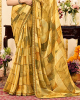 Vishal Prints Light Mustard Designer Patterned Chiffon Digital Print Saree With Fancy Border