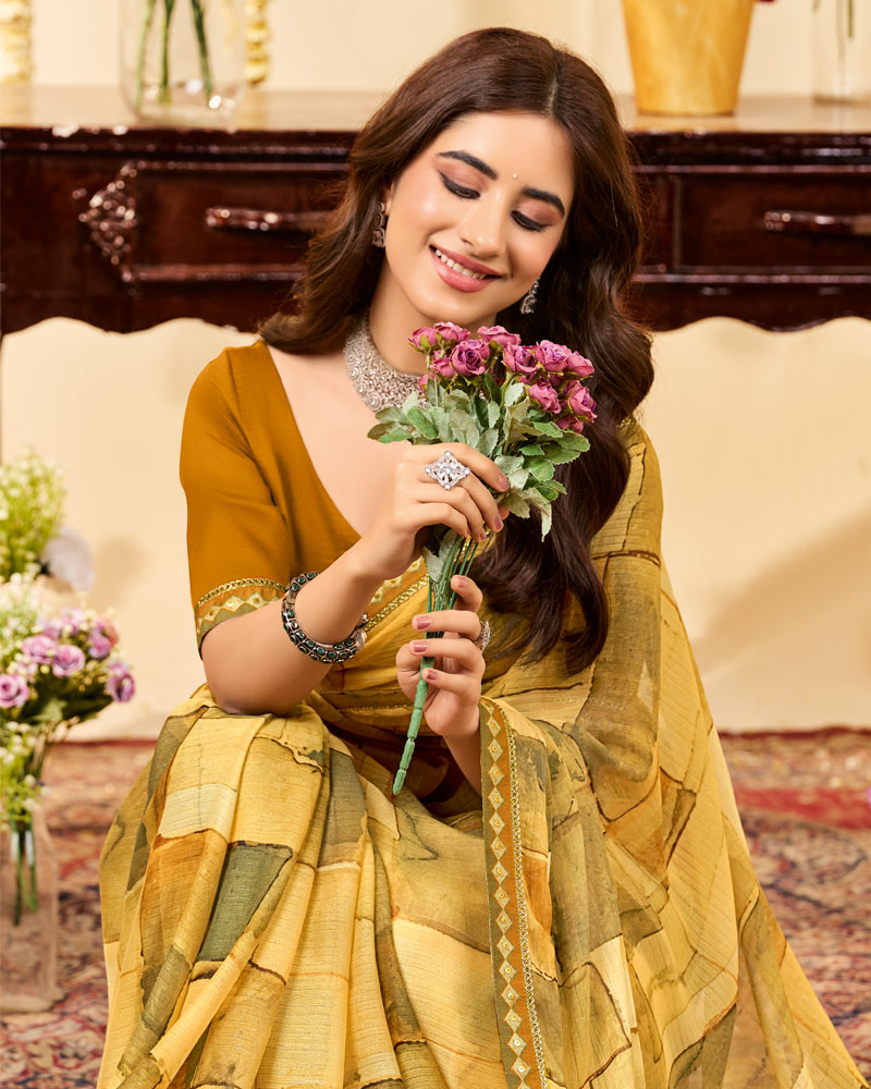 Vishal Prints Light Mustard Designer Patterned Chiffon Digital Print Saree With Fancy Border