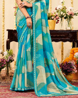 Vishal Prints Pacific Blue Designer Patterned Chiffon Digital Print Saree With Fancy Border