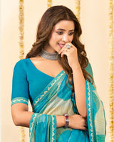 Vishal Prints Pacific Blue Designer Patterned Chiffon Digital Print Saree With Fancy Border