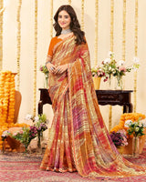 Vishal Prints Brownish Orange Designer Patterned Chiffon Digital Print Saree With Cut Work Border