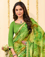 Vishal Prints Avocado Green Designer Patterned Chiffon Digital Print Saree With Fancy Border
