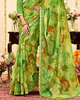 Vishal Prints Avocado Green Designer Patterned Chiffon Digital Print Saree With Fancy Border