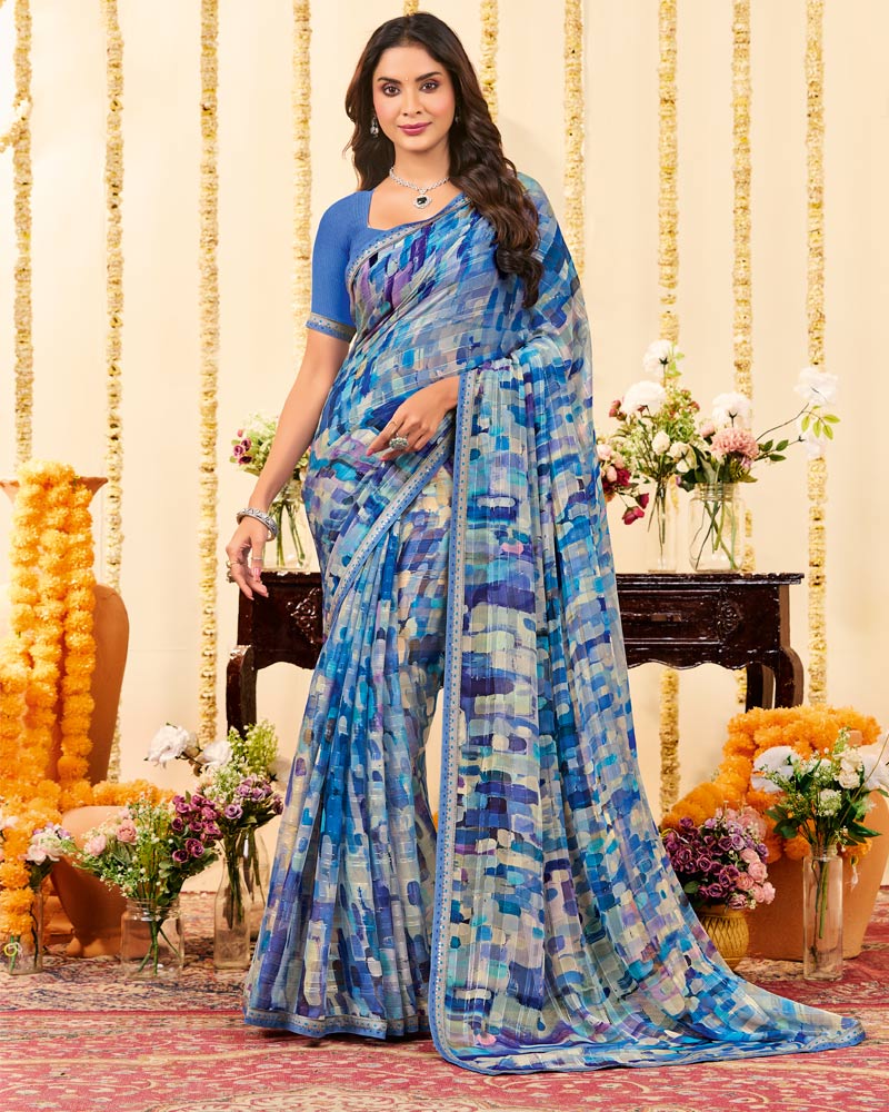 Vishal Prints Multi Blue Designer Patterned Chiffon Digital Print Saree With Fancy Border