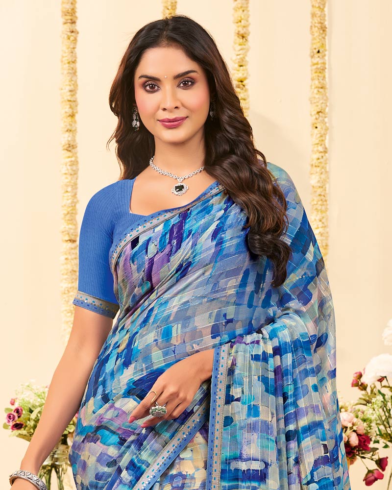 Vishal Prints Multi Blue Designer Patterned Chiffon Digital Print Saree With Fancy Border