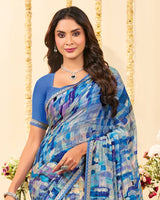 Vishal Prints Multi Blue Designer Patterned Chiffon Digital Print Saree With Fancy Border