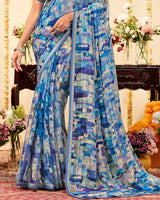 Vishal Prints Multi Blue Designer Patterned Chiffon Digital Print Saree With Fancy Border