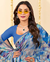 Vishal Prints Multi Blue Designer Patterned Chiffon Digital Print Saree With Fancy Border
