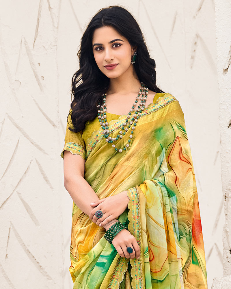 Vishal Prints Turmeric Yellow Designer Fancy Chiffon Digital Print Saree With Cut Work Border