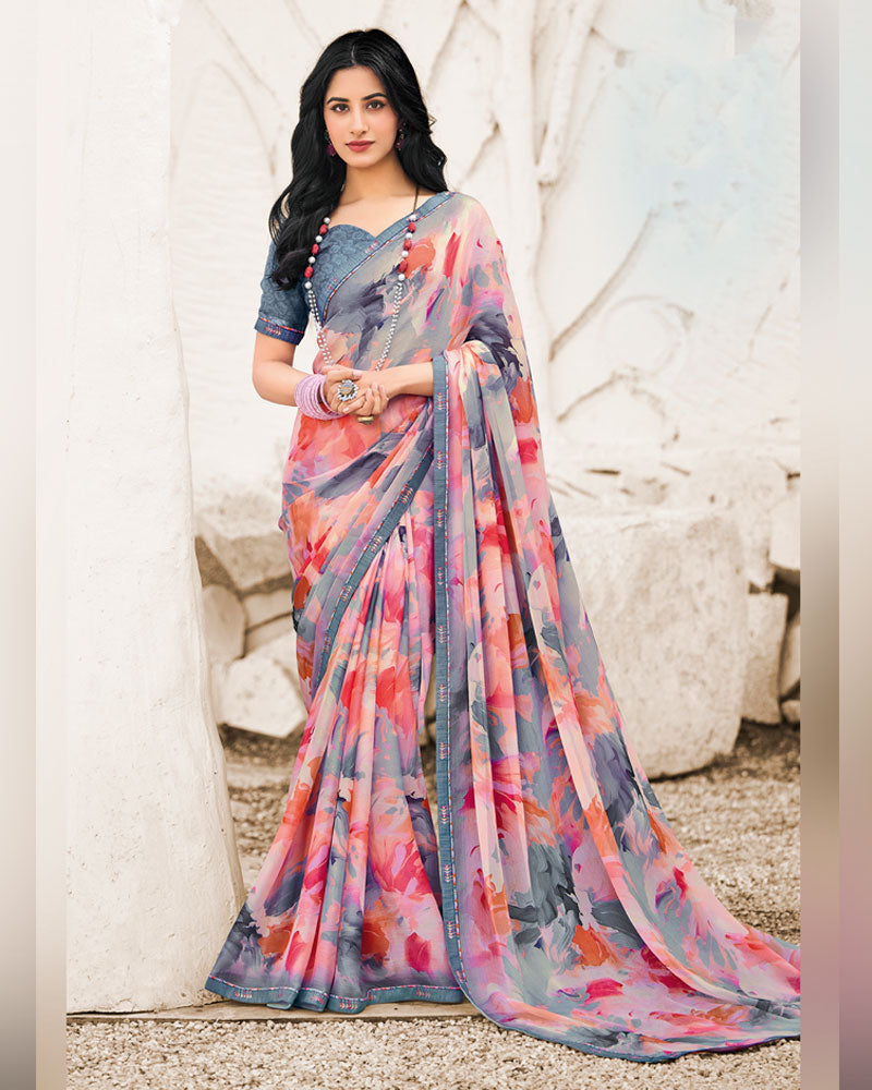 Vishal Prints Slate Grey Designer Fancy Chiffon Digital Print Saree With Border