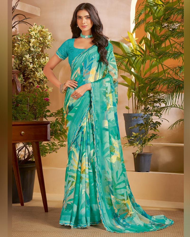 Vishal Prints Light Sea Green Designer Patterned Chiffon Digital Print Saree With Fancy Cut Work Border