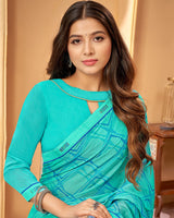 Vishal Prints Dark Turquoise Blue Printed Fancy Chiffon Saree With Border