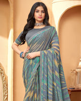 Vishal Prints Raven Grey Printed Fancy Chiffon Saree With Border