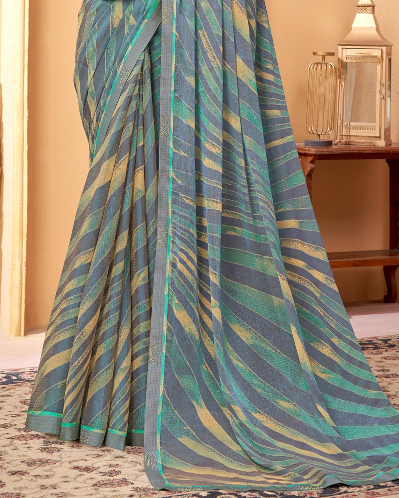 Vishal Prints Raven Grey Printed Fancy Chiffon Saree With Border