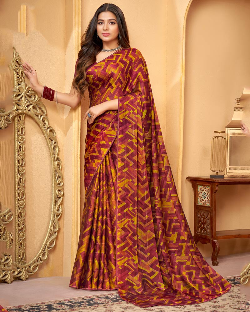 Vishal Prints Espresso Red Printed Fancy Chiffon Saree With Core Piping