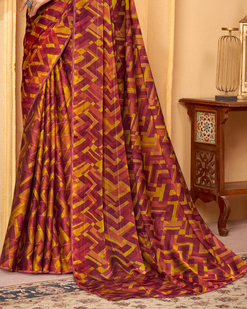 Vishal Prints Espresso Red Printed Fancy Chiffon Saree With Core Piping