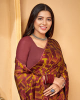 Vishal Prints Espresso Red Printed Fancy Chiffon Saree With Core Piping