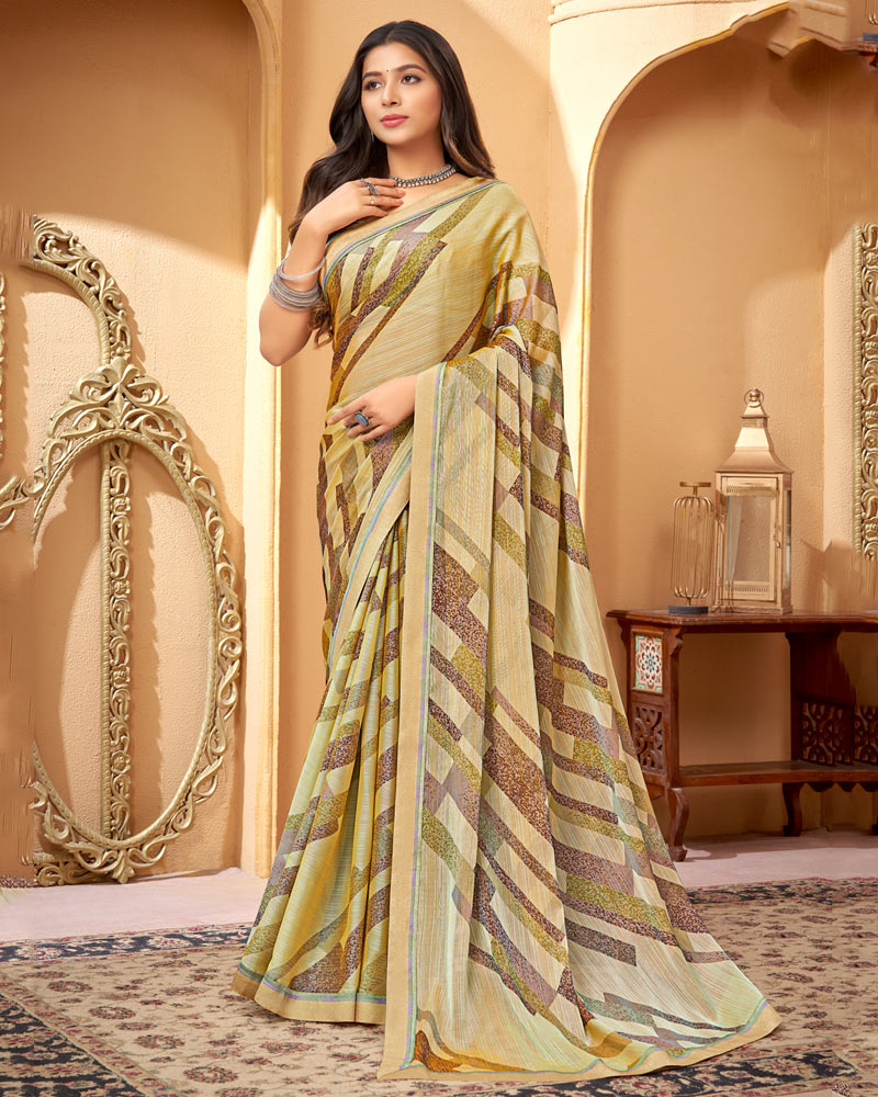 Vishal Prints Pavlova Brown Printed Fancy Chiffon Saree With Border