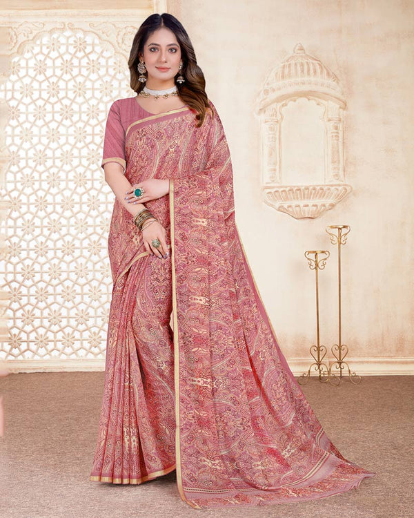 Vishal Prints Dusty Pink Digital Print Criva Crepe Saree With Weaved Viscose Border