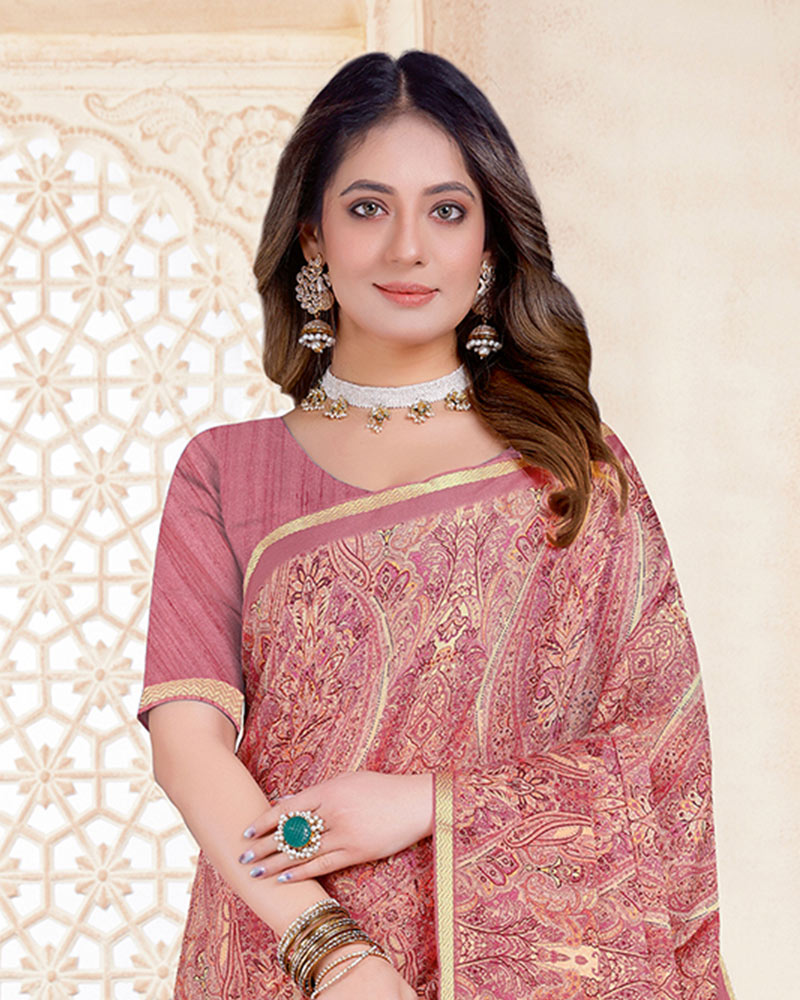 Vishal Prints Dusty Pink Digital Print Criva Crepe Saree With Weaved Viscose Border