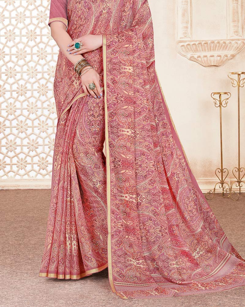 Vishal Prints Dusty Pink Digital Print Criva Crepe Saree With Weaved Viscose Border