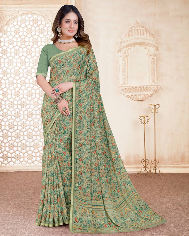 Vishal Prints Sage Green Digital Print Criva Crepe Saree With Weaved Viscose Border